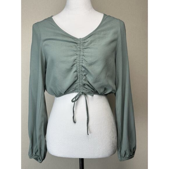 Women's Ruched Long Sleeve Crop Top Green Sz M V-Neck Blouse Drawstring - Picture 1 of 14